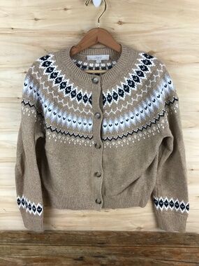 Tan Fair Isle Button Up Cardigan Sweater Size M Nordic Camel Beige Scandinavian